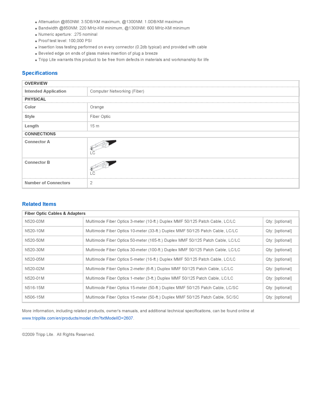 Tripp Lite N520-15M manual Specifications, Related Items, Fiber Optic Cables & Adapters 