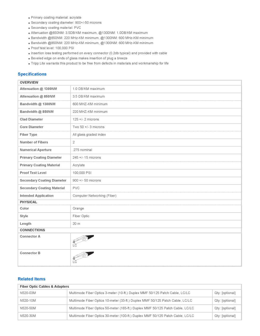 Tripp Lite N520-20M manual Specifications, Related Items, Overview, Physical, Connections 