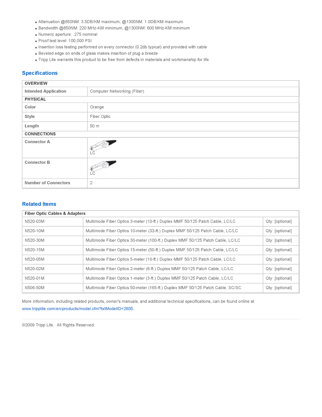 Tripp Lite N520-50M manual Specifications, Related Items, Fiber Optic Cables & Adapters 