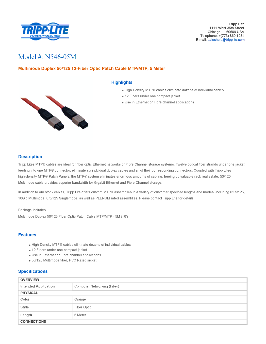 Tripp Lite specifications Model # N546-05M, Highlights, Description, Features, Specifications 