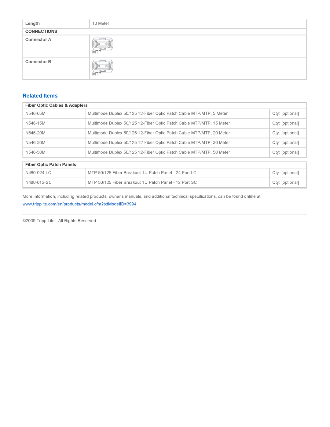 Tripp Lite N546-10M specifications Related Items, Fiber Optic Cables & Adapters, Fiber Optic Patch Panels 