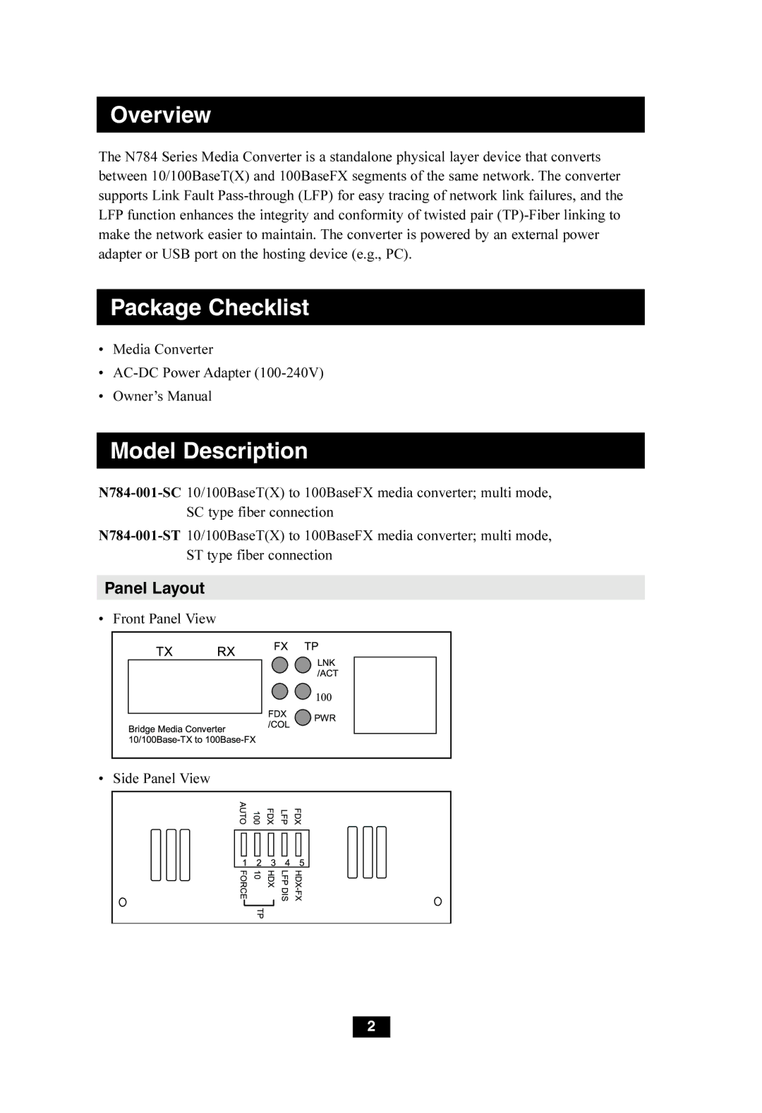 Tripp Lite N784-001-SC, N784-001-ST owner manual Overview, Panel Layout 