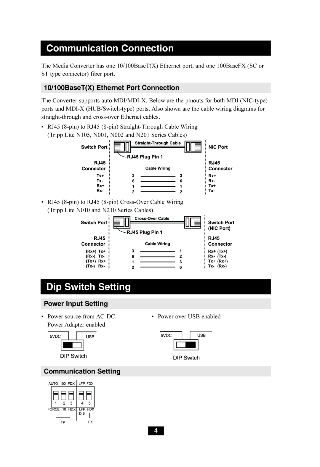 Tripp Lite N784-001-SC, N784-001-ST 10/100BaseTX Ethernet Port Connection, Power Input Setting, Communication Setting 