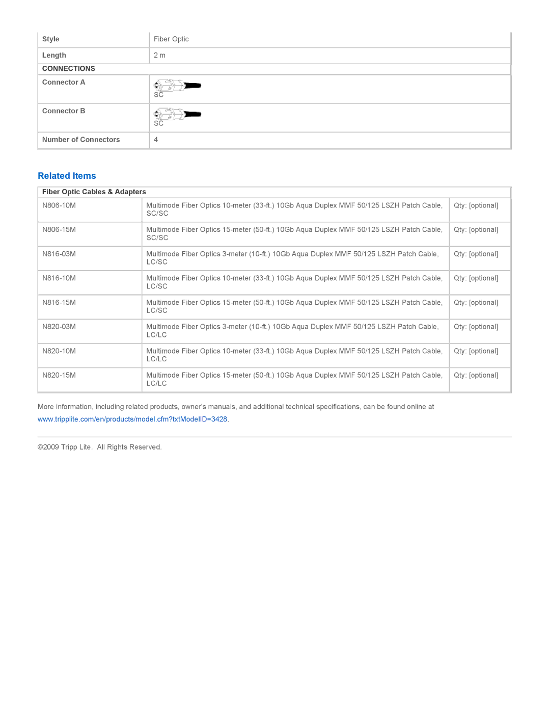 Tripp Lite N806-02M specifications Related Items, Sc/Sc, Lc/Sc, Lc/Lc 