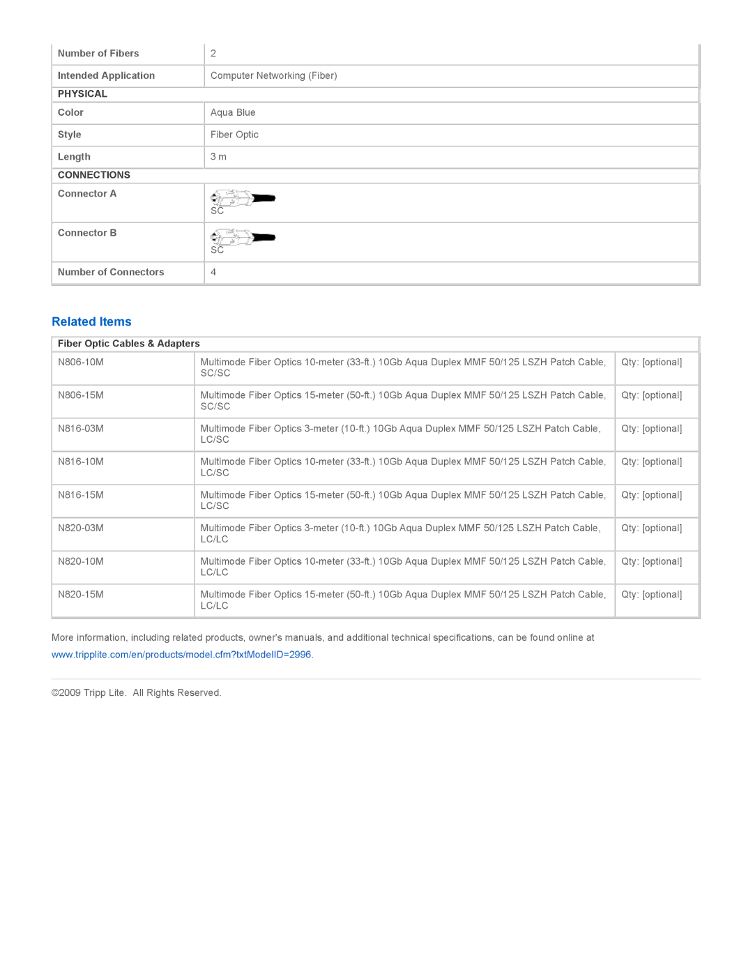 Tripp Lite N806-03M specifications Related Items, Sc/Sc, Lc/Sc, Lc/Lc 