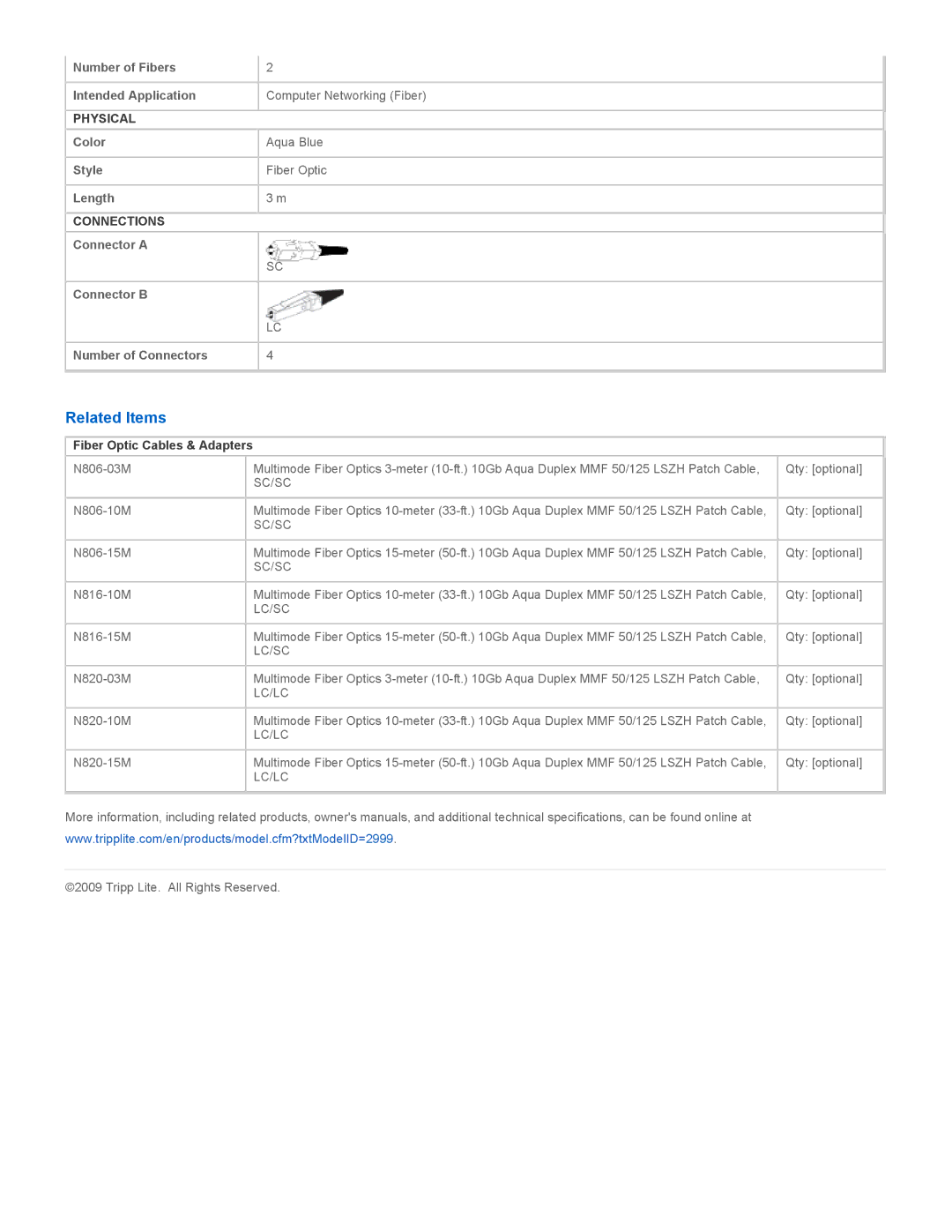 Tripp Lite N816-03M specifications Related Items, Sc/Sc, Lc/Sc, Lc/Lc 