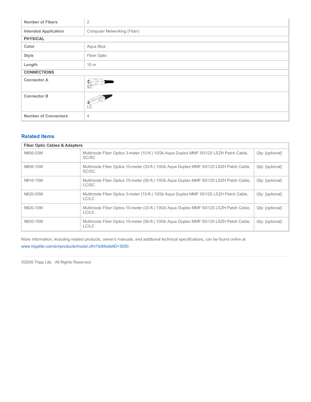 Tripp Lite N816-10M specifications Related Items, Sc/Sc, Lc/Sc, Lc/Lc 