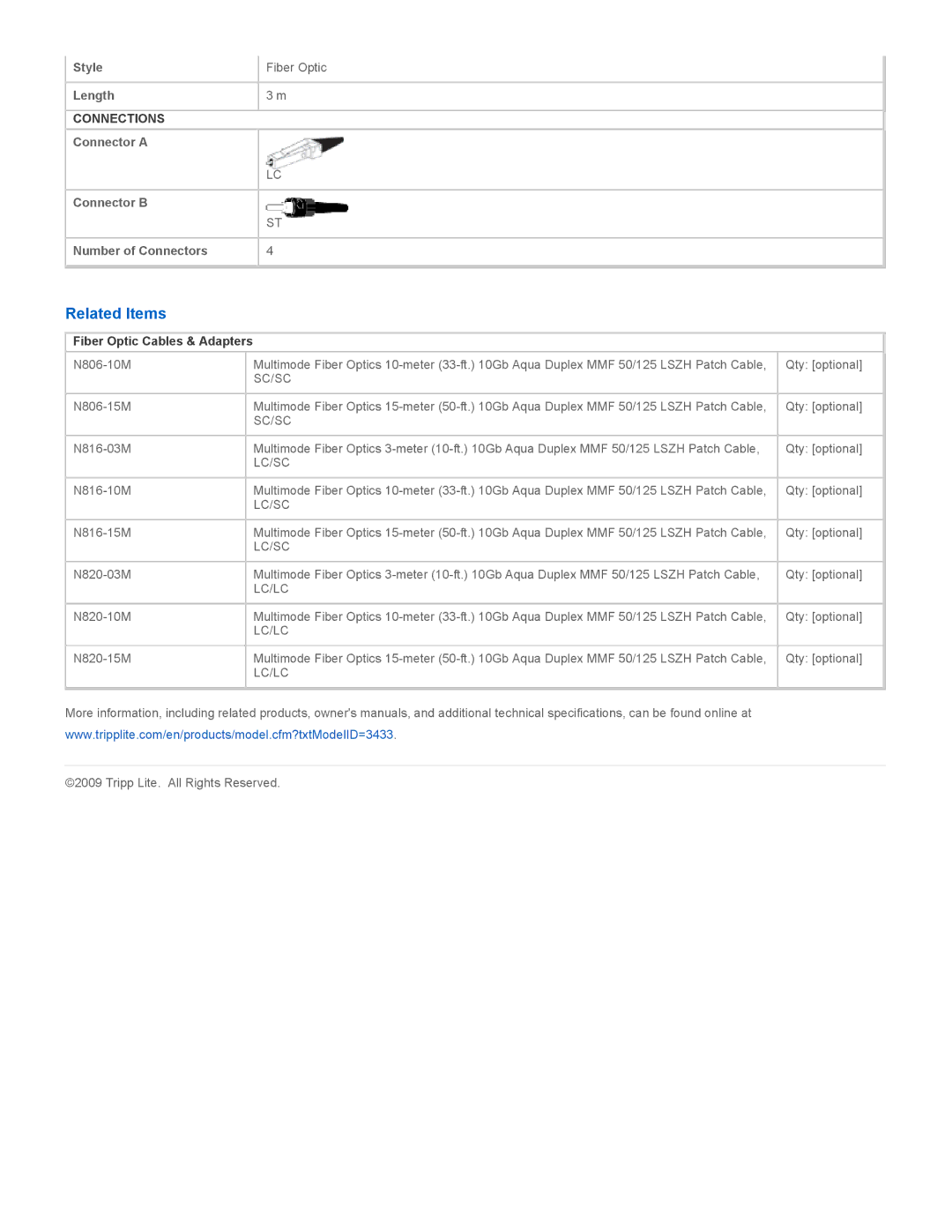 Tripp Lite N818-03M specifications Related Items, Sc/Sc, Lc/Sc, Lc/Lc 