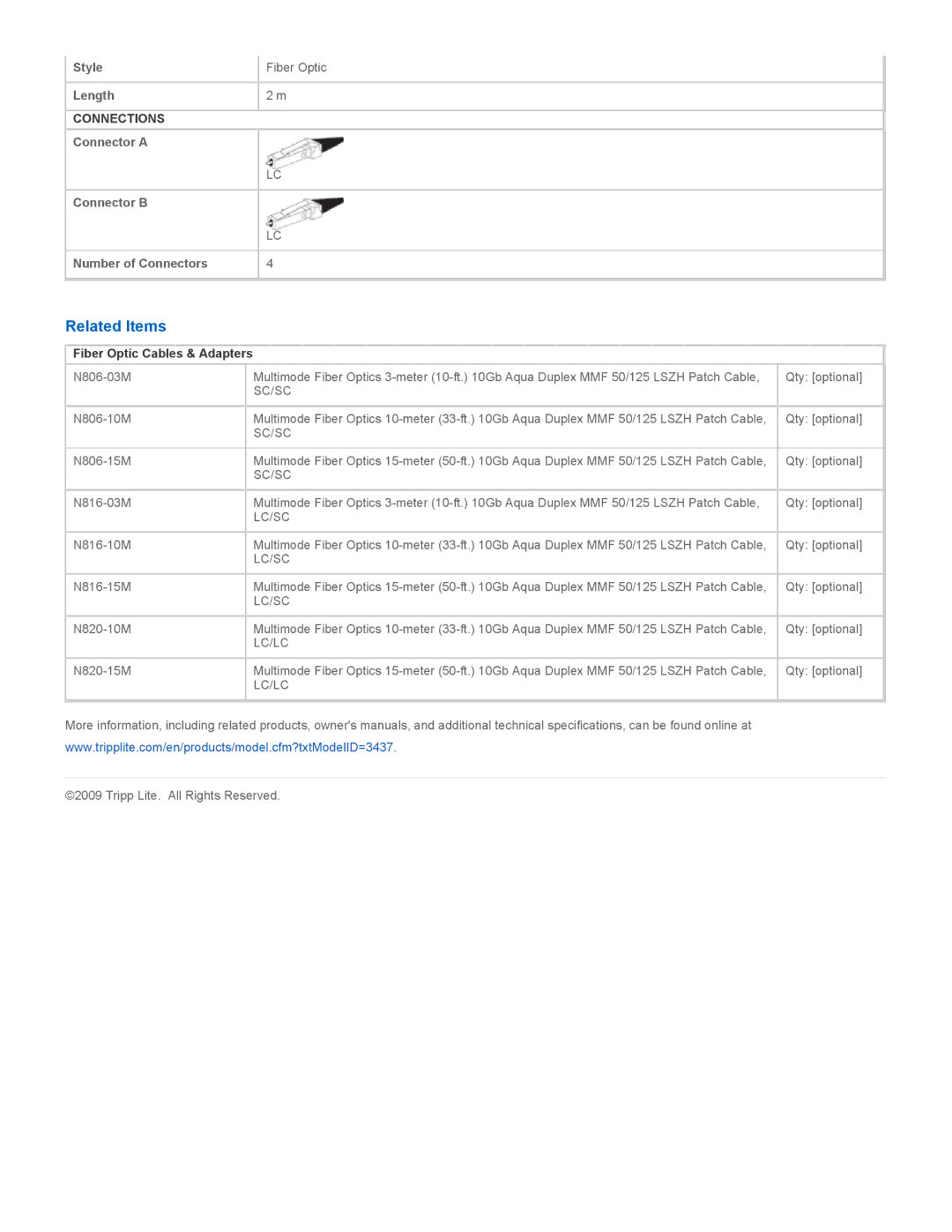 Tripp Lite N820-02M specifications Related Items, Sc/Sc, Lc/Sc, Lc/Lc 