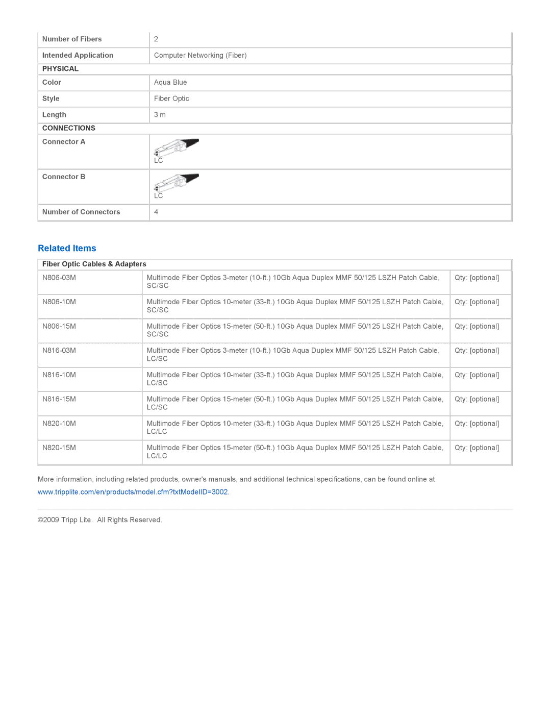 Tripp Lite N820-03M specifications Related Items, Sc/Sc, Lc/Sc, Lc/Lc 