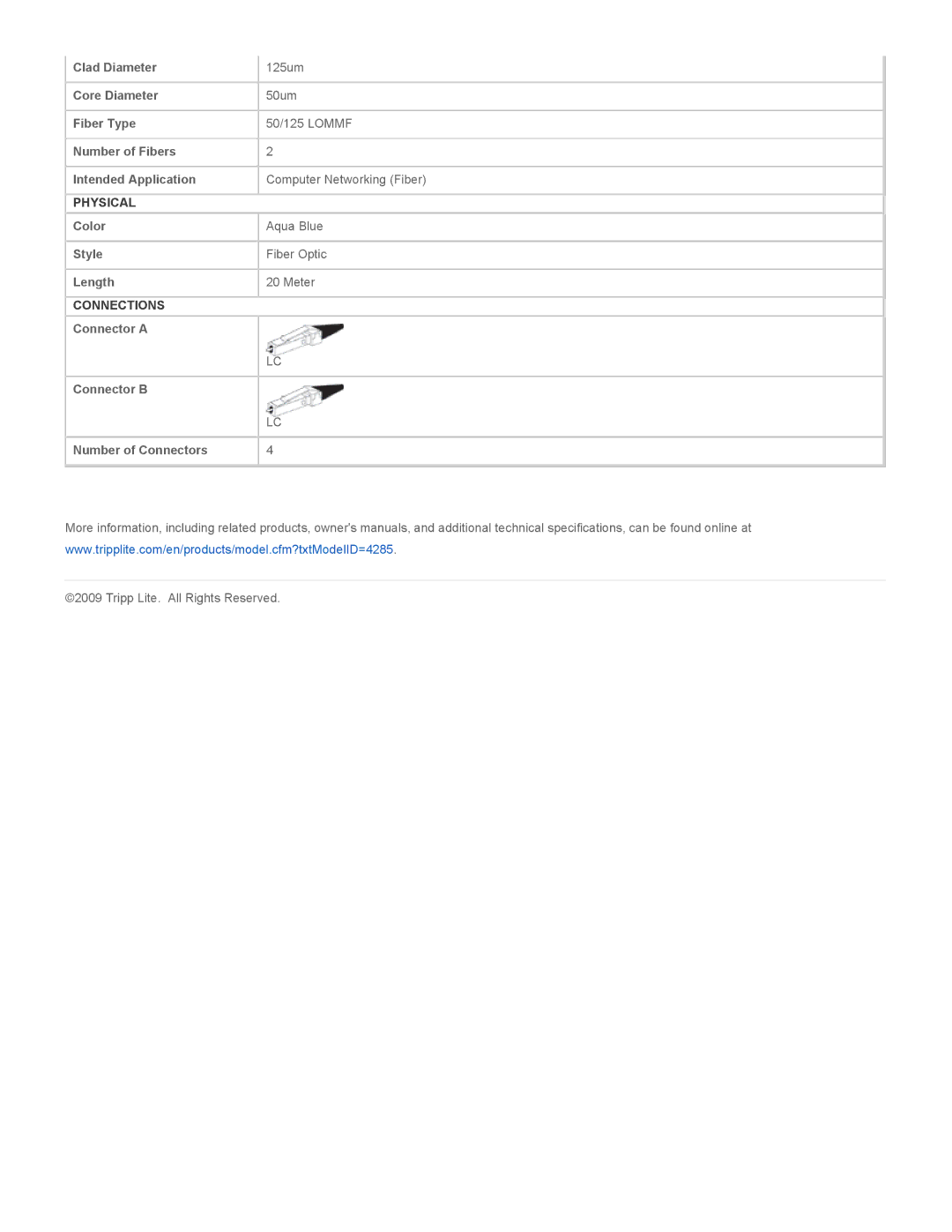 Tripp Lite N820-20M specifications Physical, Connections 