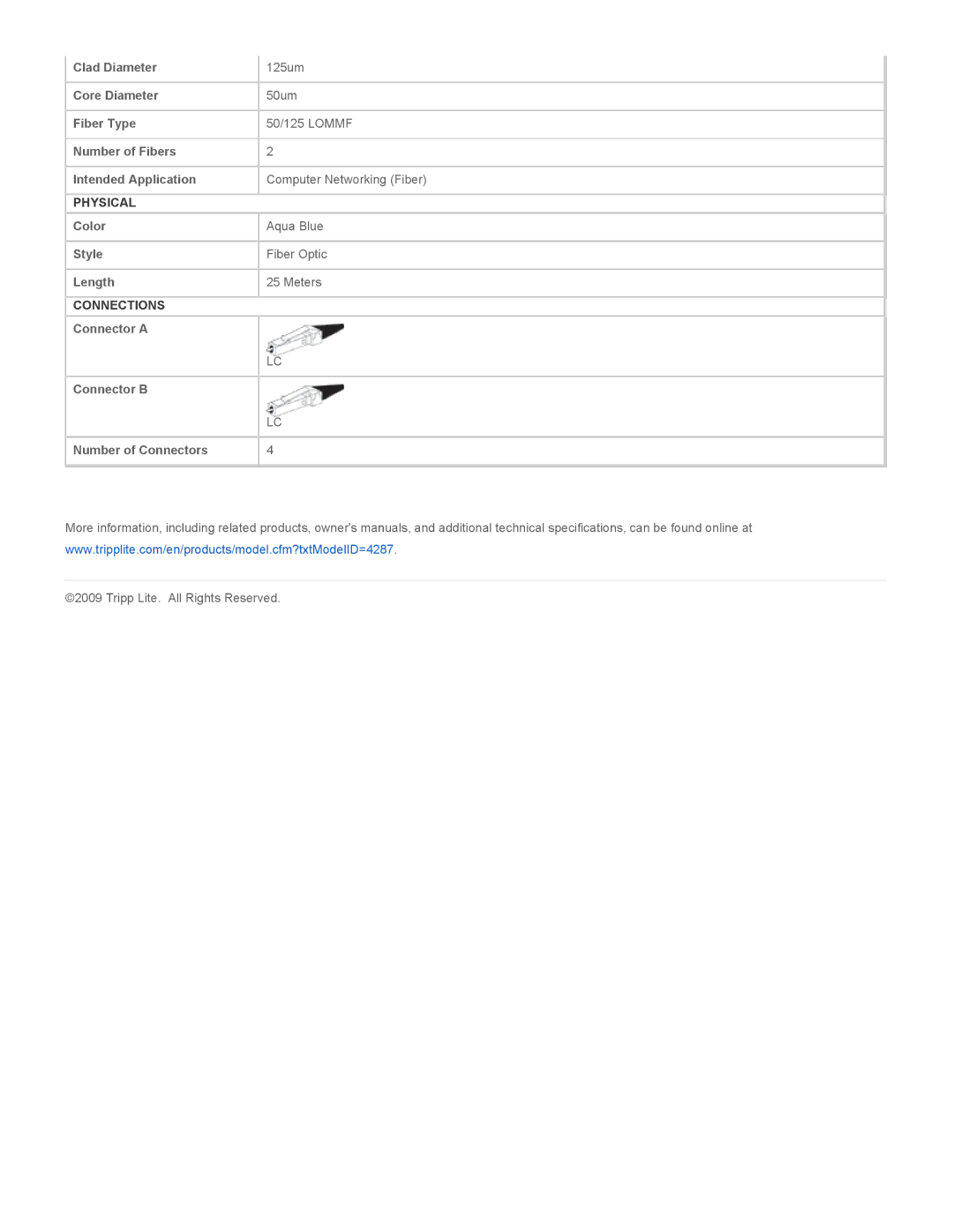 Tripp Lite N820-25M specifications Physical, Connections 