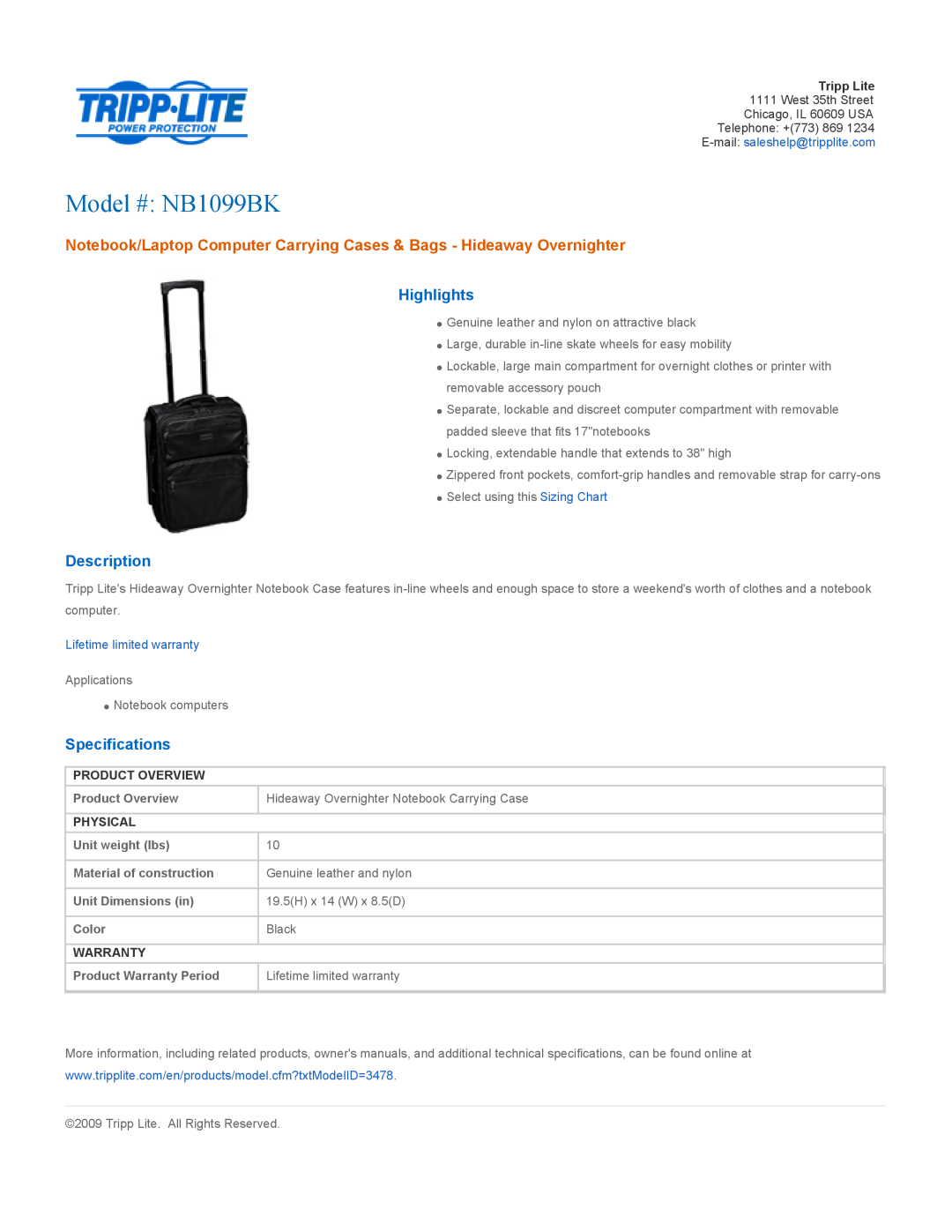 Tripp Lite specifications Model # NB1099BK, Notebook/Laptop Computer Carrying Cases & Bags - Hideaway Overnighter 