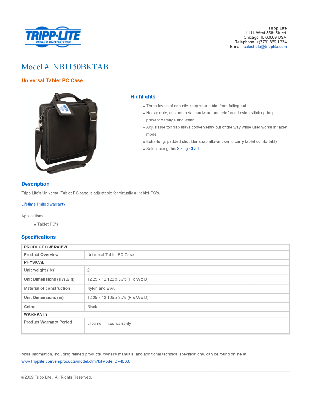 Tripp Lite specifications Model # NB1150BKTAB, Universal Tablet PC Case, Highlights, Description, Specifications 