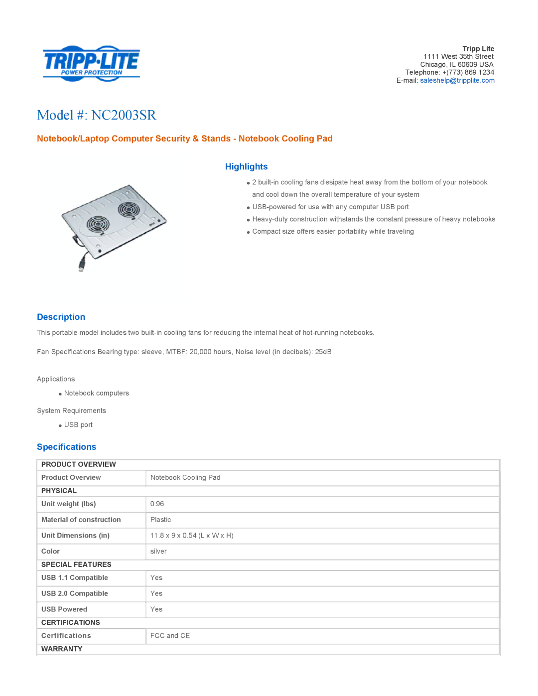 Tripp Lite specifications Model # NC2003SR, Highlights, Description, Specifications 