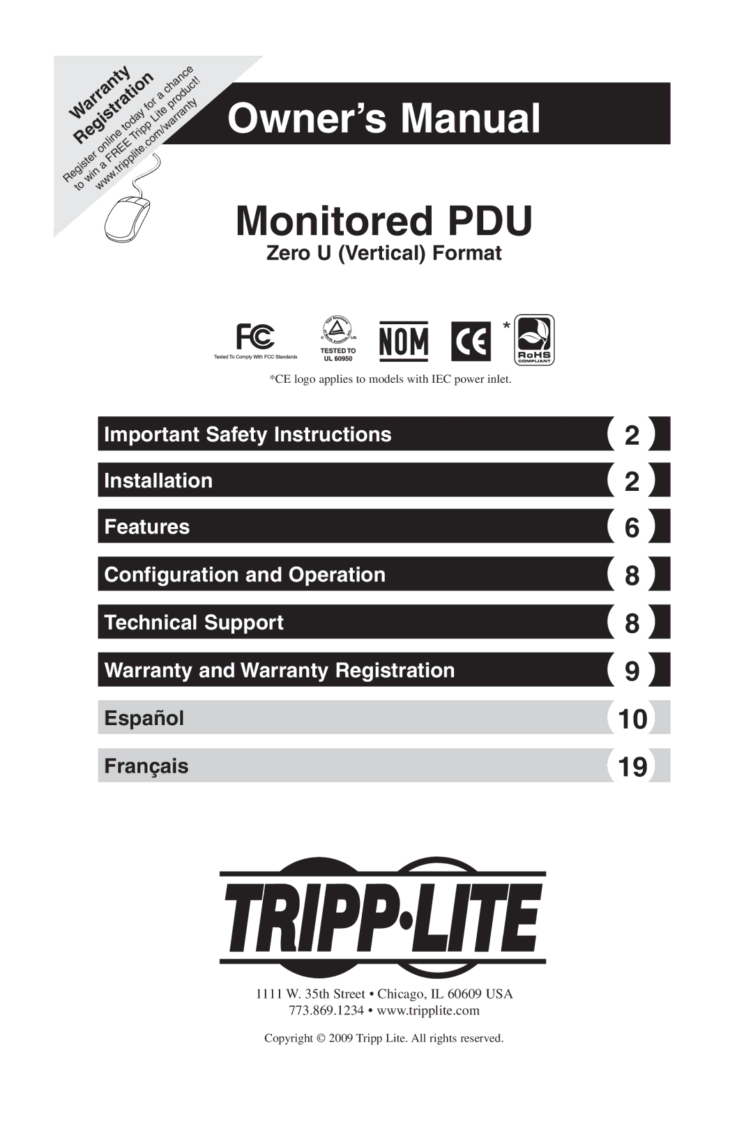 Tripp Lite IEC-60320-C19, NEMA 5-20R, IEC-60320-C13, 93-2899, 200904140 owner manual Monitored PDU 