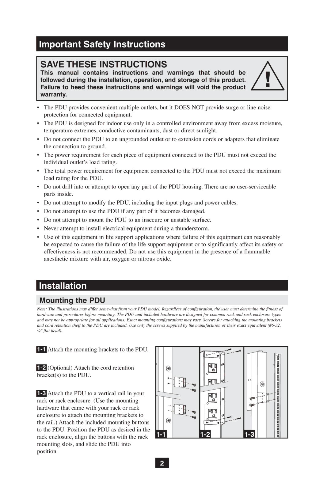 Tripp Lite IEC-60320-C13, NEMA 5-20R, IEC-60320-C19, 93-2899, 200904140 Important Safety Instructions, Mounting the PDU 