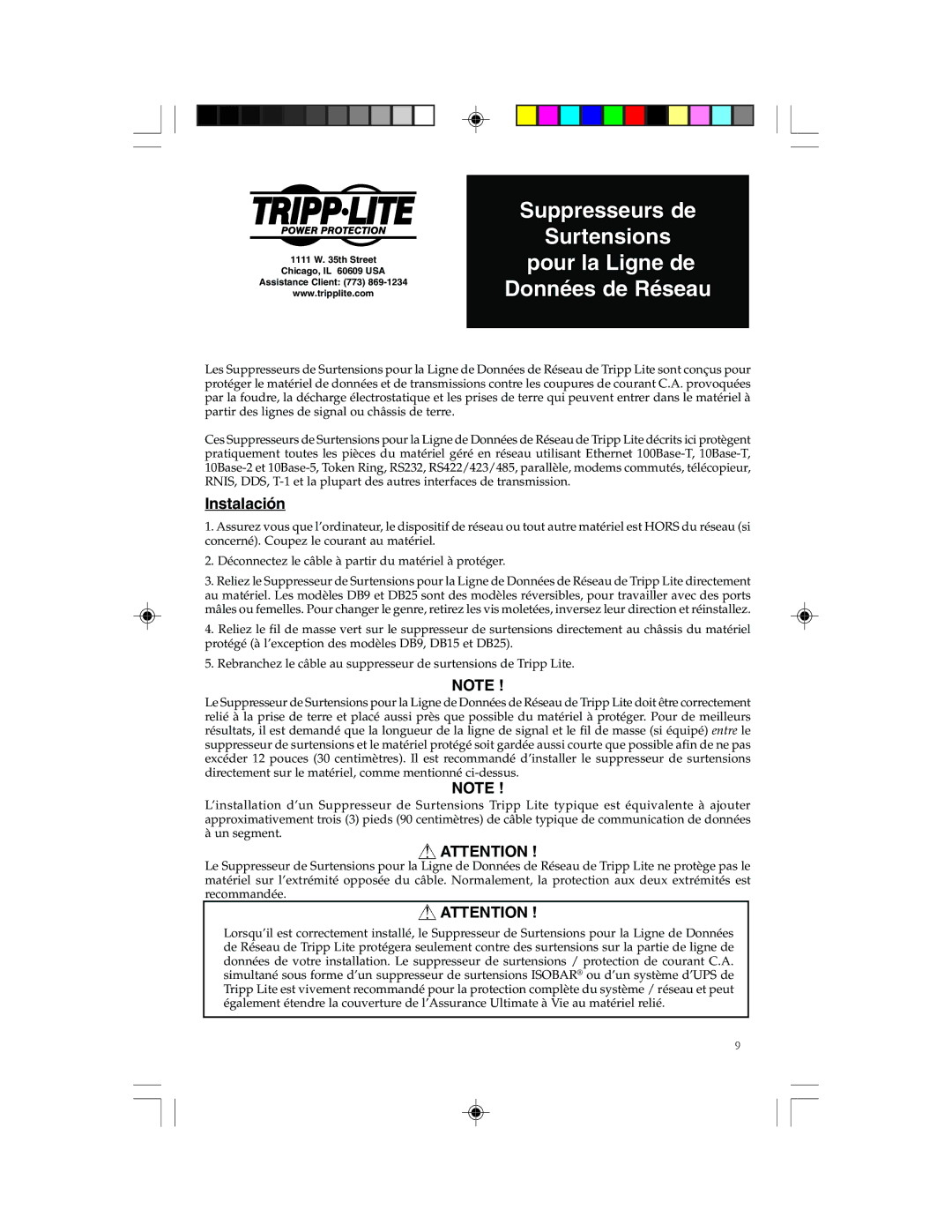 Tripp Lite Network Dataline Surge Suppressors manual Suppresseurs de, Surtensions pour la Ligne de Données de Réseau 