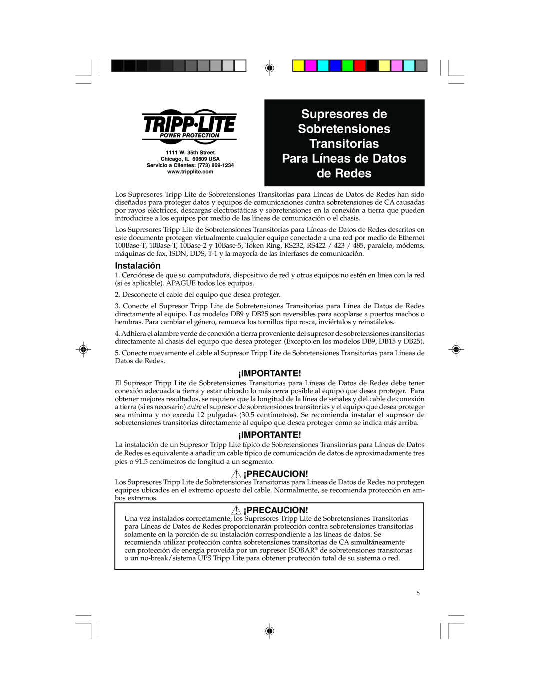 Tripp Lite Network Dataline Surge Suppressors manual Para Líneas de Datos De Redes, ¡Importante, ¡Precaucion 