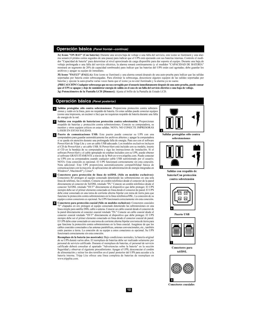 Tripp Lite none owner manual Operación básica Panel posterior, Operación básica Panel frontal-continúa 