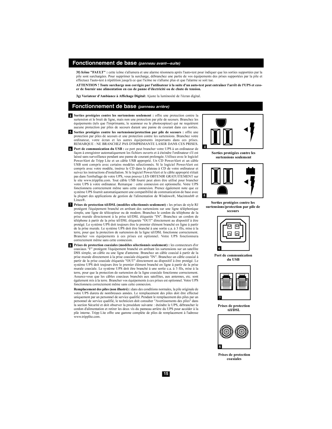 Tripp Lite none owner manual Fonctionnement de base panneau avant-suite, Fonctionnement de base panneau arrière 