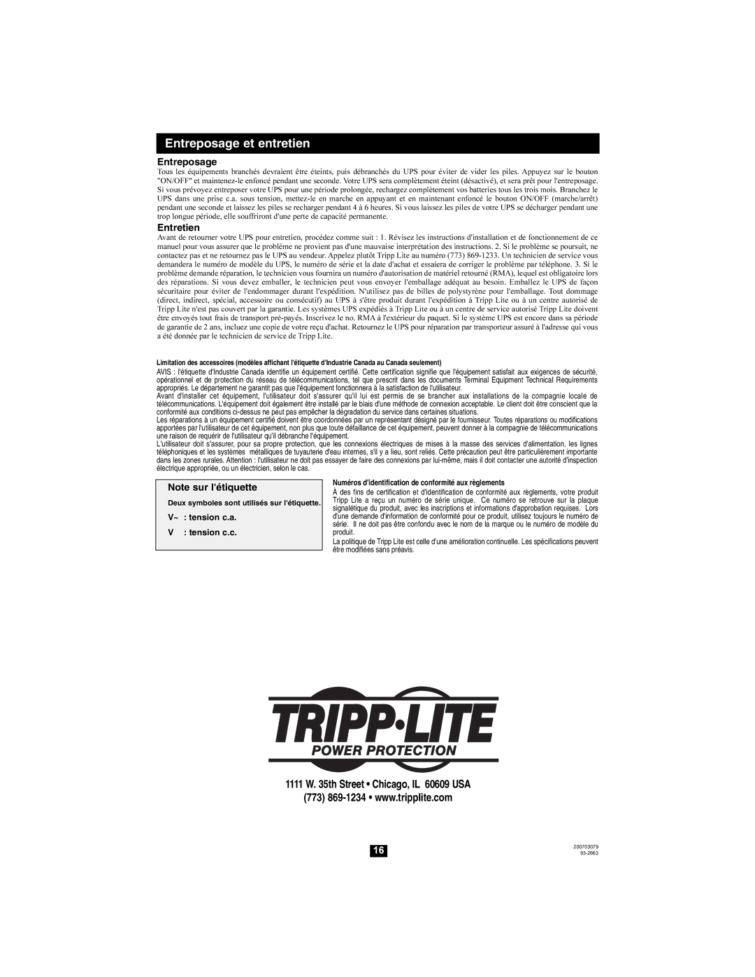 Tripp Lite none owner manual Entreposage et entretien, Entretien 