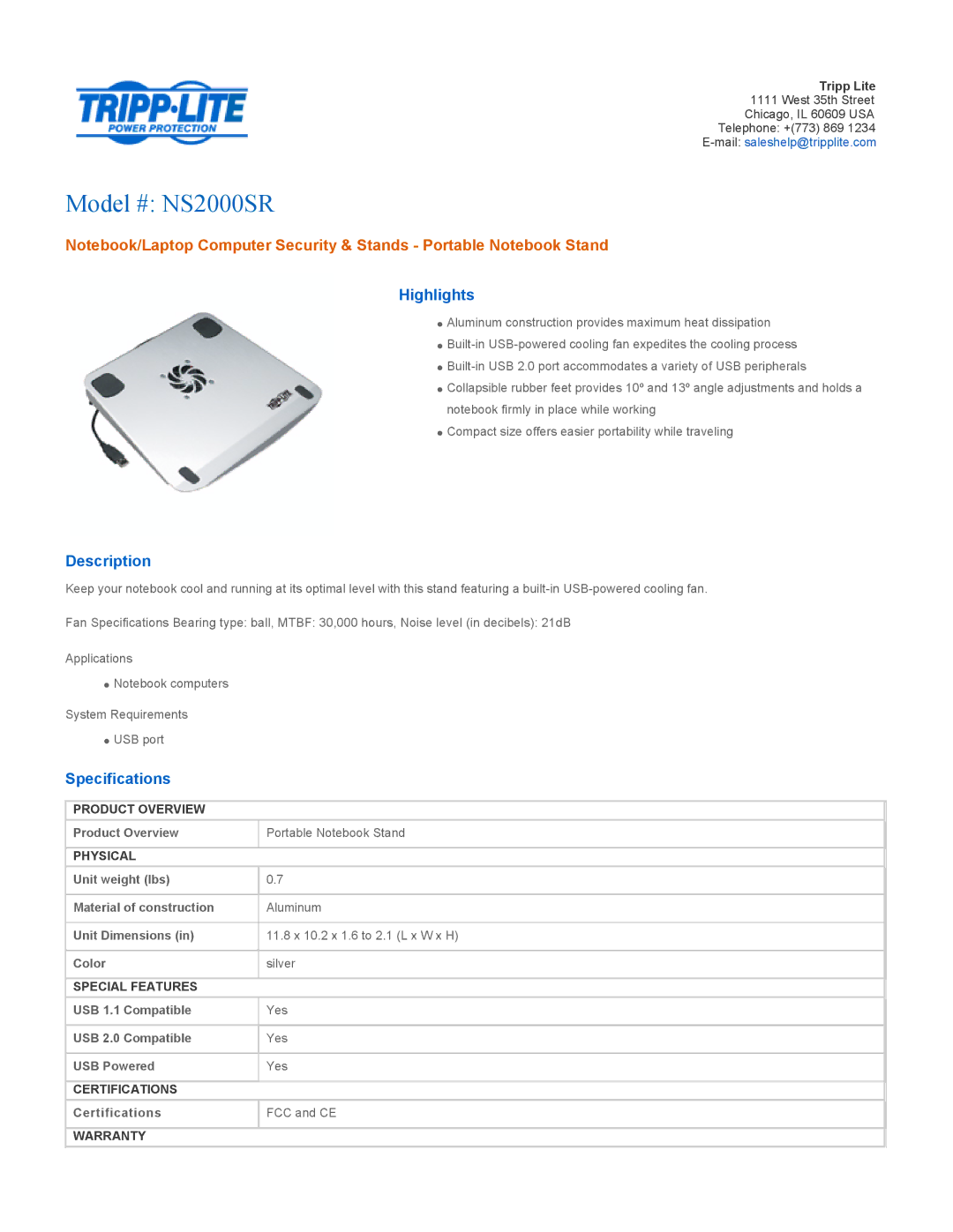 Tripp Lite specifications Model # NS2000SR, Highlights, Description, Specifications 