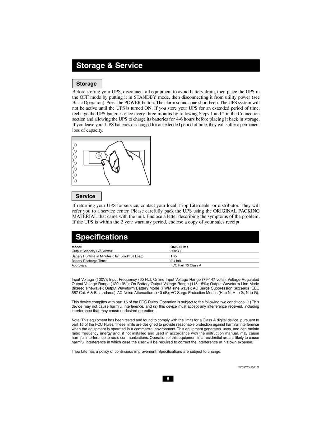 Tripp Lite OM500RMX owner manual Storage & Service 