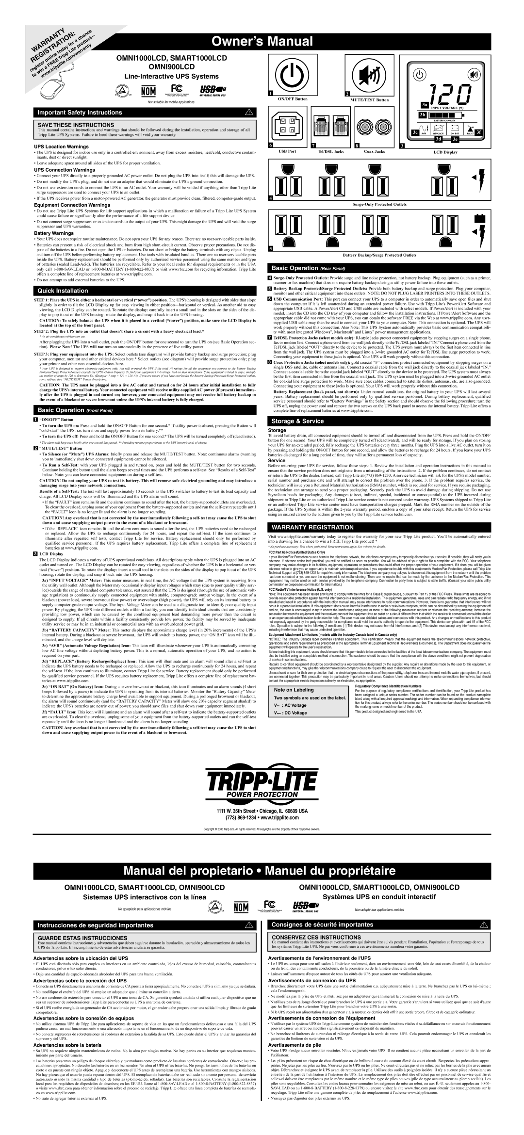 Tripp Lite SMART1000LCD owner manual Important Safety Instructions, Quick Installation, Basic Operation Front Panel 