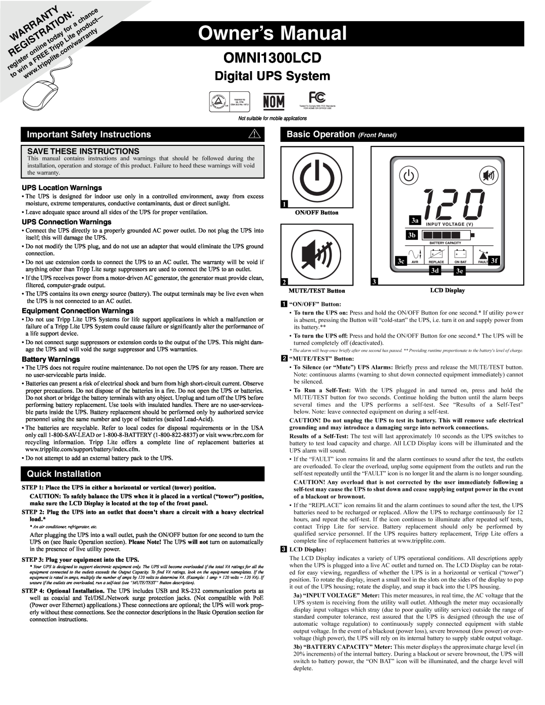 Tripp Lite OMNI1300LCD owner manual Important Safety Instructions, Basic Operation Front Panel, Quick Installation 