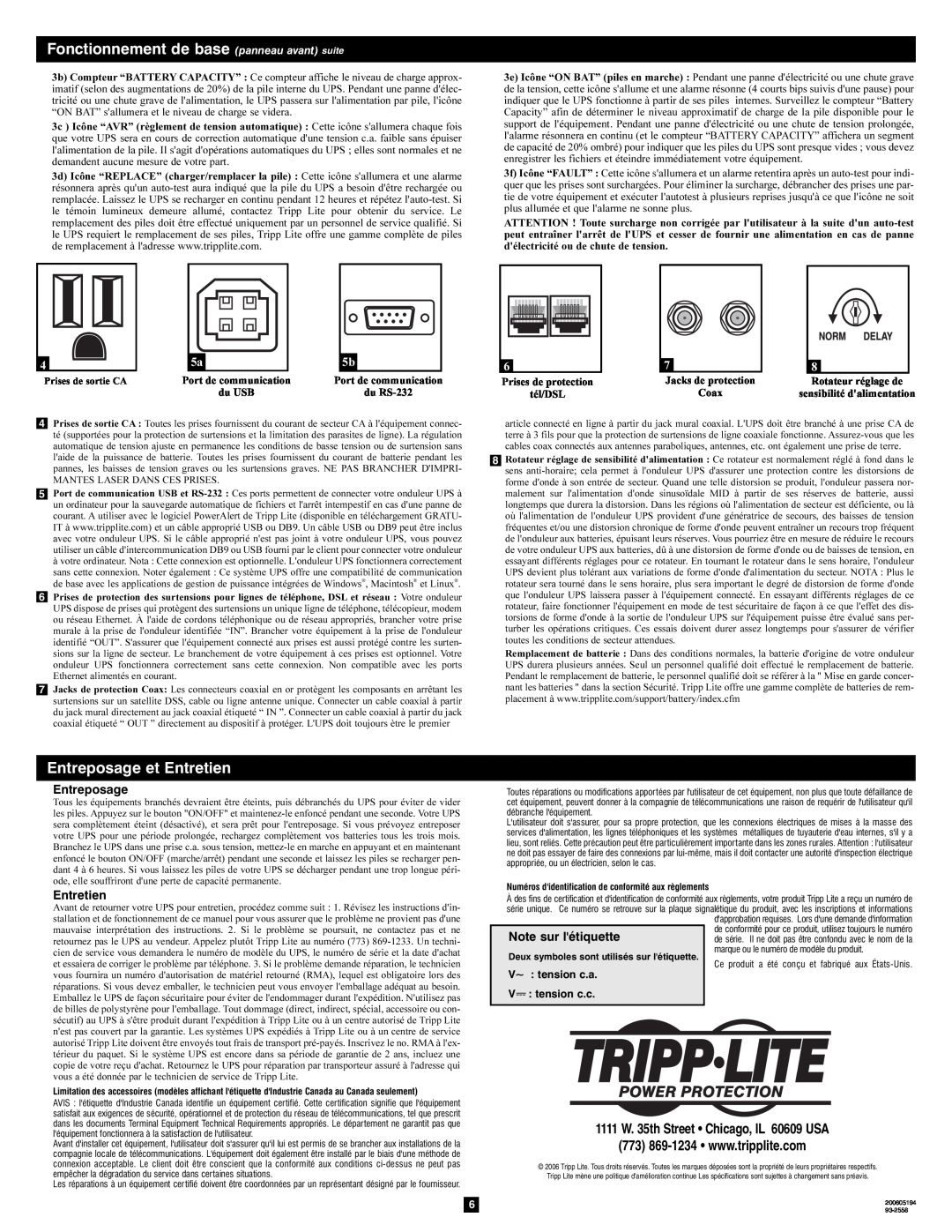 Tripp Lite OMNI1300LCD Fonctionnement de base panneau avant suite, Entreposage et Entretien, V~ tension c.a V tension c.c 