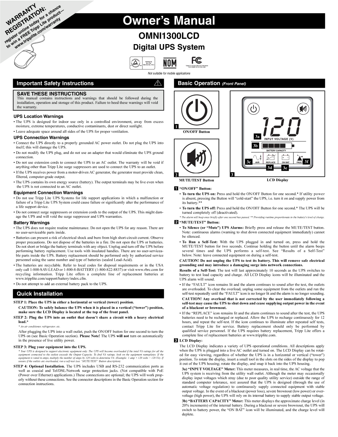 Tripp Lite OMNI1300LCD owner manual Important Safety Instructions, Basic Operation Front Panel, Quick Installation 