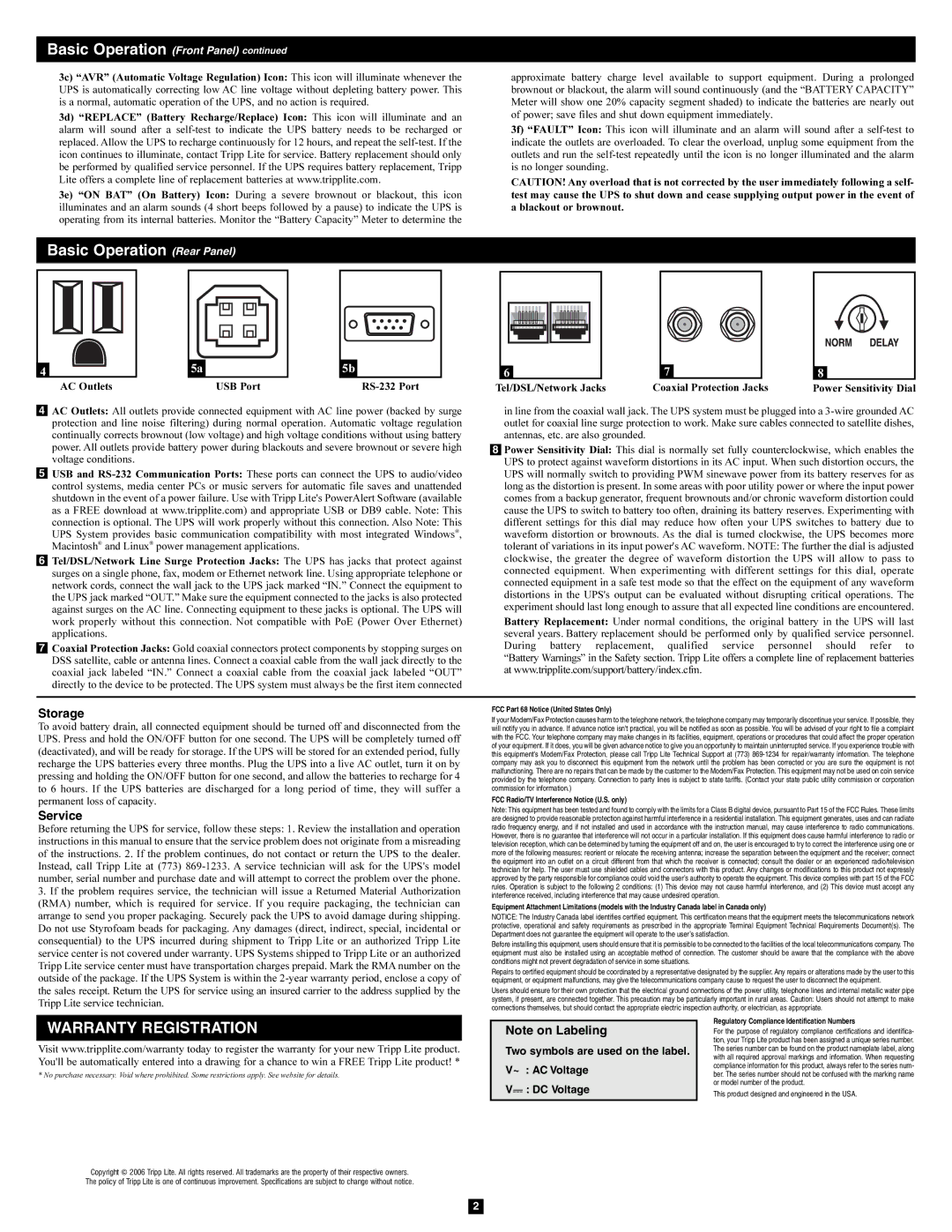 Tripp Lite OMNI1300LCD owner manual Basic Operation Rear Panel, Storage, Service 