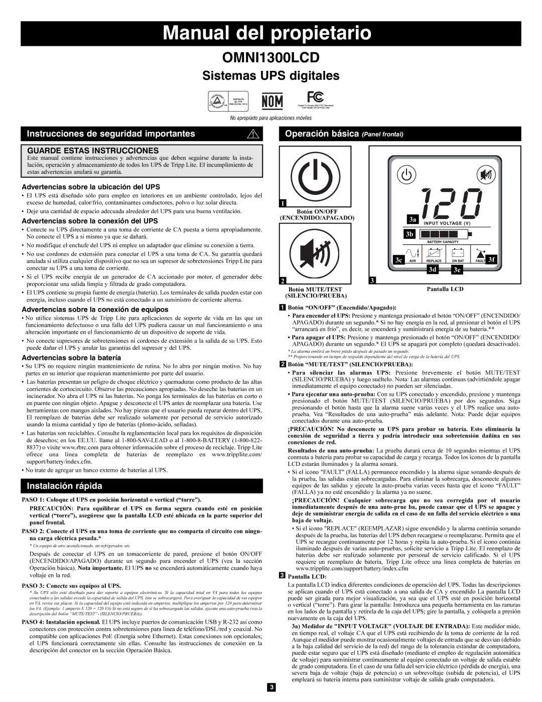 Tripp Lite OMNI1300LCD owner manual Manual del propietario, Instrucciones de seguridad importantes, Instalación rápida 