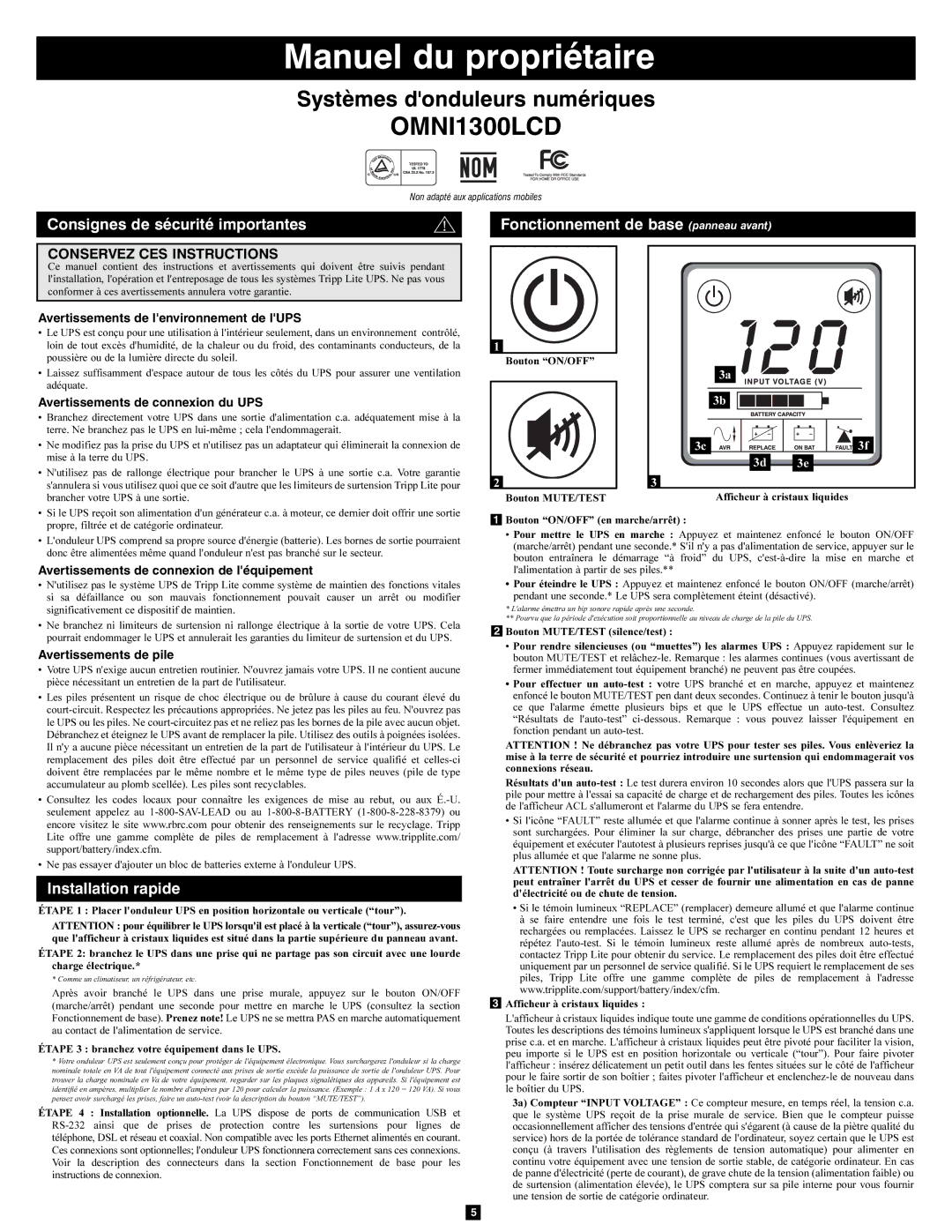 Tripp Lite OMNI1300LCD owner manual Manuel du propriétaire, Consignes de sécurité importantes, Installation rapide 