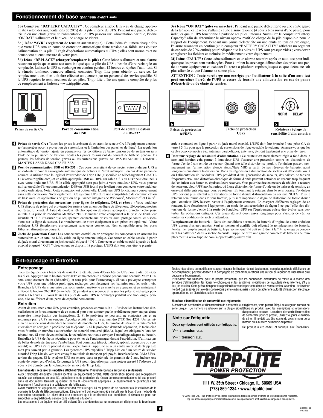 Tripp Lite OMNI1300LCD owner manual Fonctionnement de base panneau avant suite, Entreposage et Entretien 