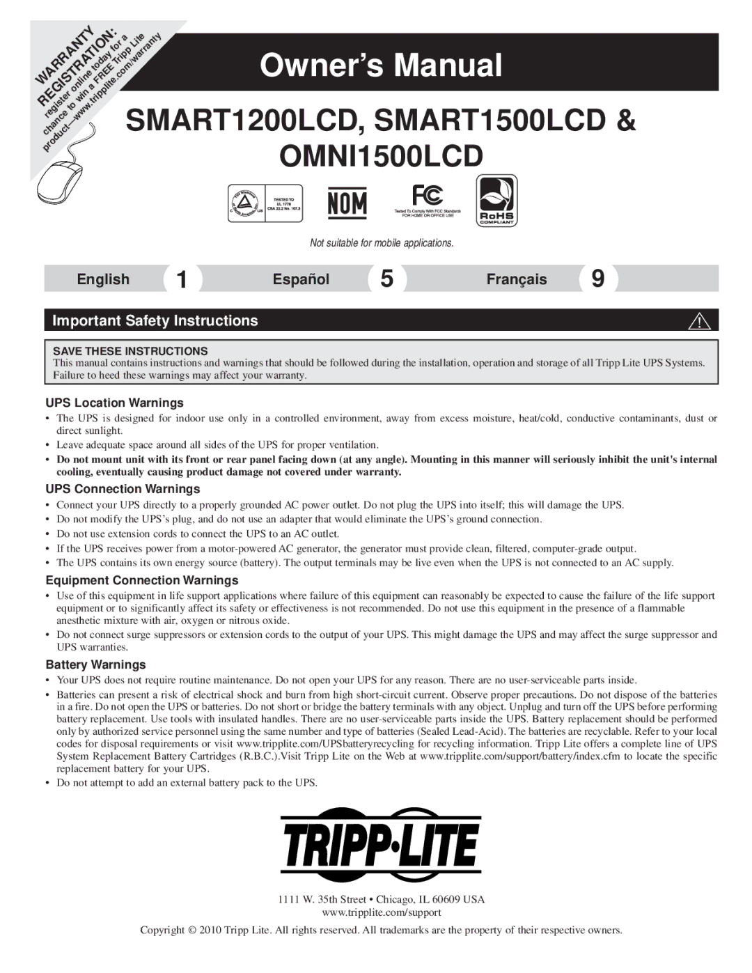 Tripp Lite OMNI1500LCD owner manual Important Safety Instructions, UPS Location Warnings, UPS Connection Warnings 