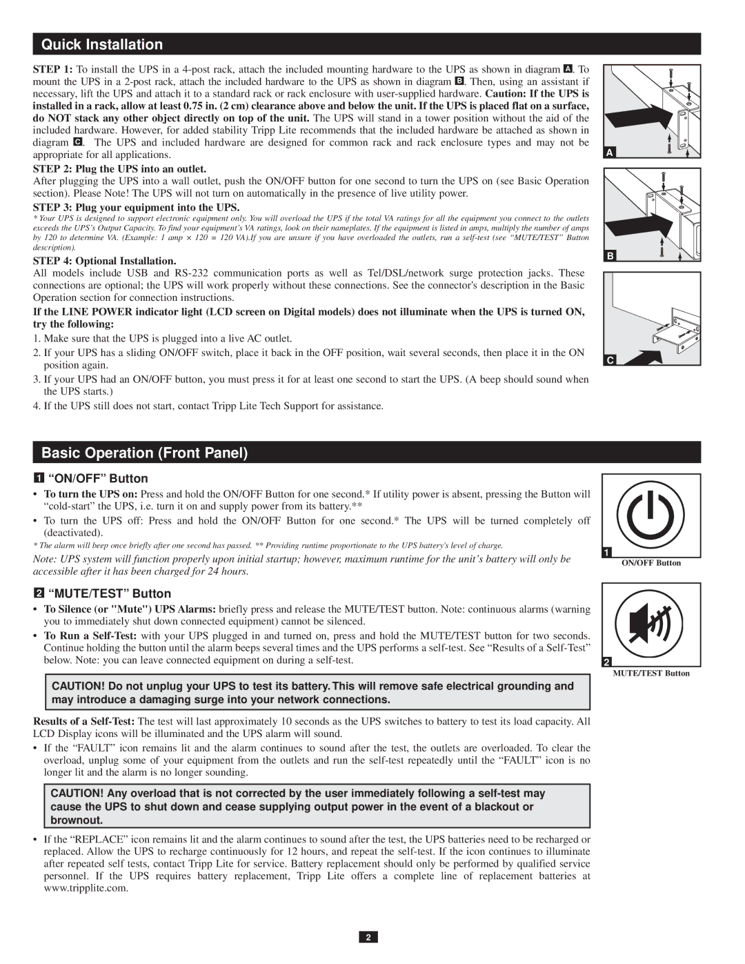 Tripp Lite OMNI1500LCD owner manual Quick Installation, Basic Operation Front Panel, ON/OFF Button, MUTE/TEST Button 