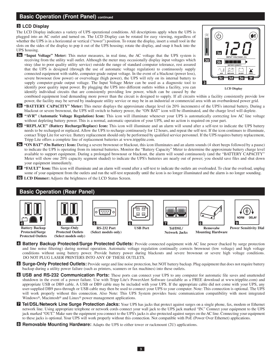 Tripp Lite OMNI1500LCD owner manual Basic Operation Rear Panel, LCD Display 