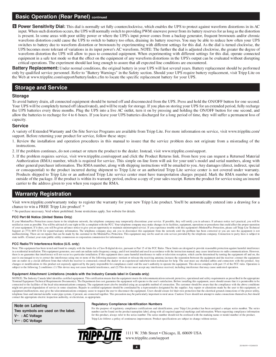 Tripp Lite OMNI1500LCD owner manual Storage and Service, Warranty Registration 