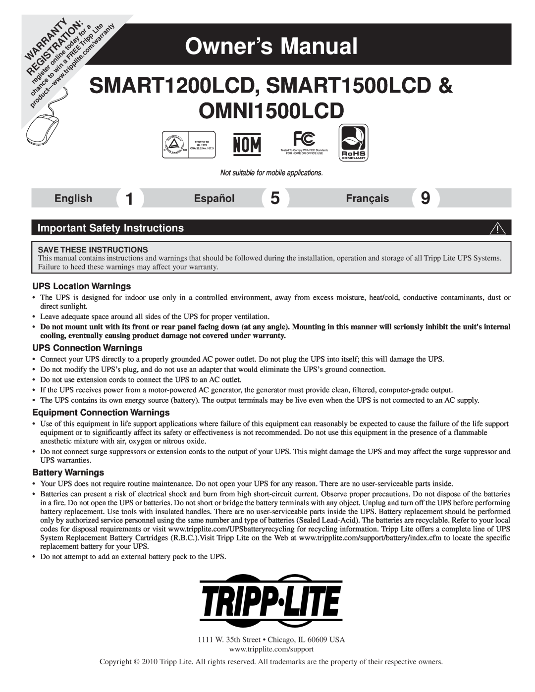 Tripp Lite OMNI1500LCD owner manual Important Safety Instructions, UPS Location Warnings, UPS Connection Warnings, English 