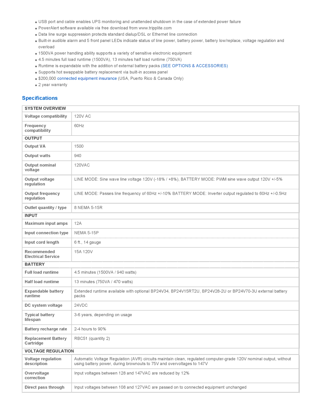 Tripp Lite OMNI1500XLNAFTA warranty Specifications, System Overview, Output, Input, Battery 
