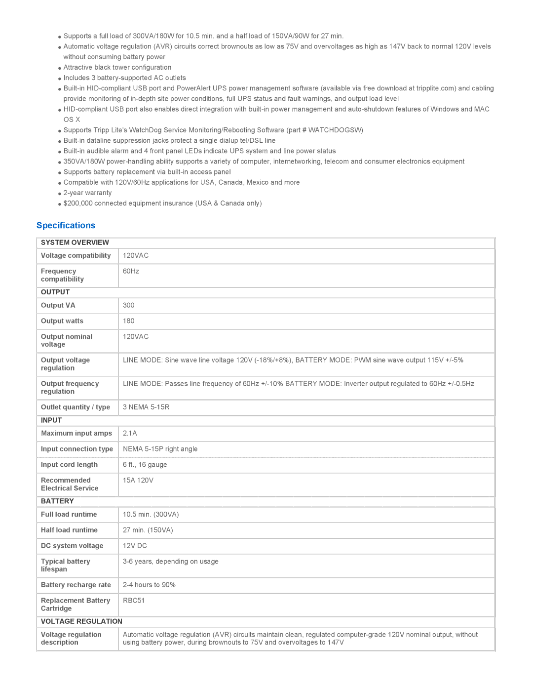 Tripp Lite OMNI300NAFTA warranty Specifications, System Overview, Output, Input, Battery 
