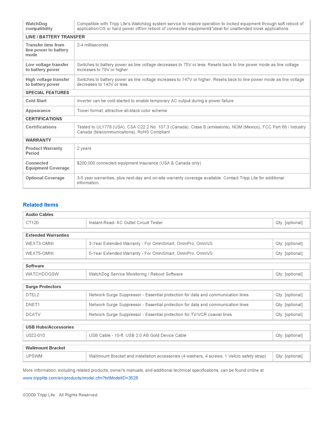 Tripp Lite OMNI300NAFTA warranty Related Items, Line / Battery Transfer, Special Features, Certifications, Warranty 