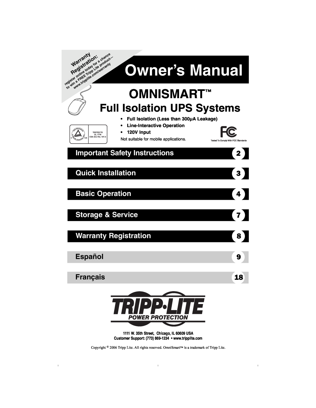 Tripp Lite OMNI500ISO owner manual Important Safety Instructions, Quick Installation, Basic Operation, Storage & Service 