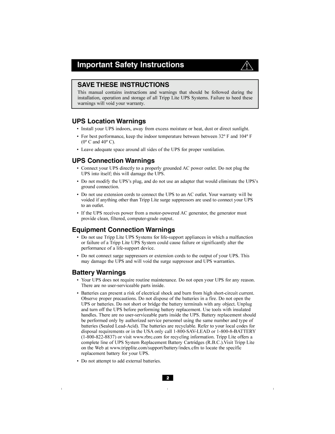 Tripp Lite OMNI500ISO UPS Location Warnings, UPS Connection Warnings, Equipment Connection Warnings, Battery Warnings 