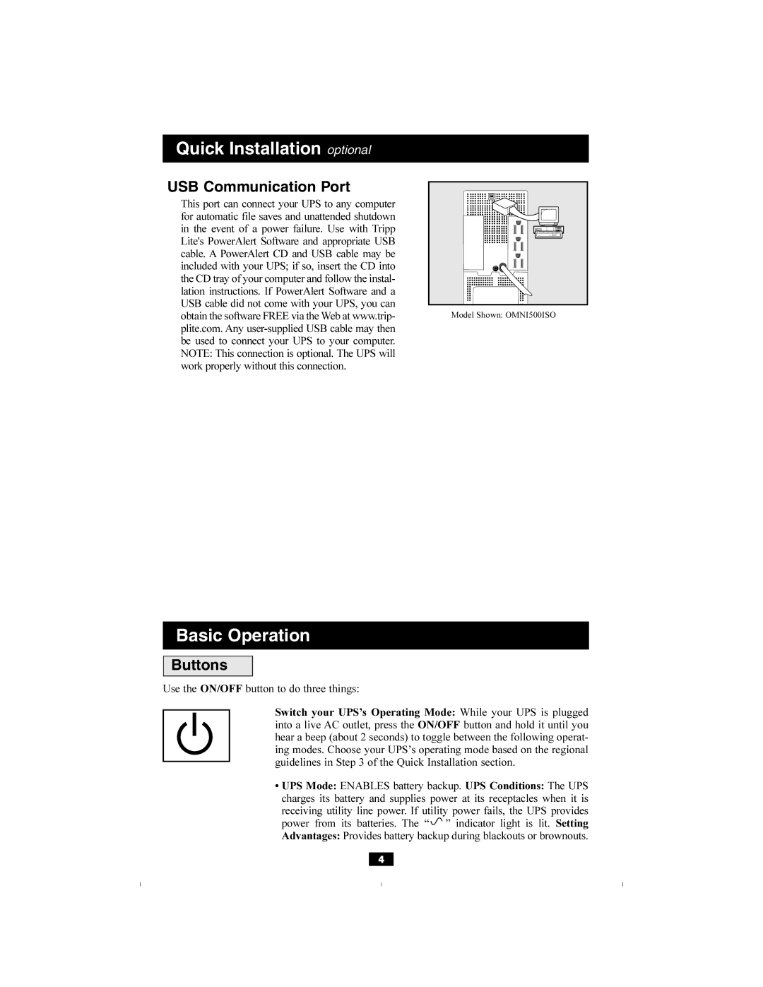 Tripp Lite OMNI500ISO owner manual USB Communication Port, Buttons 