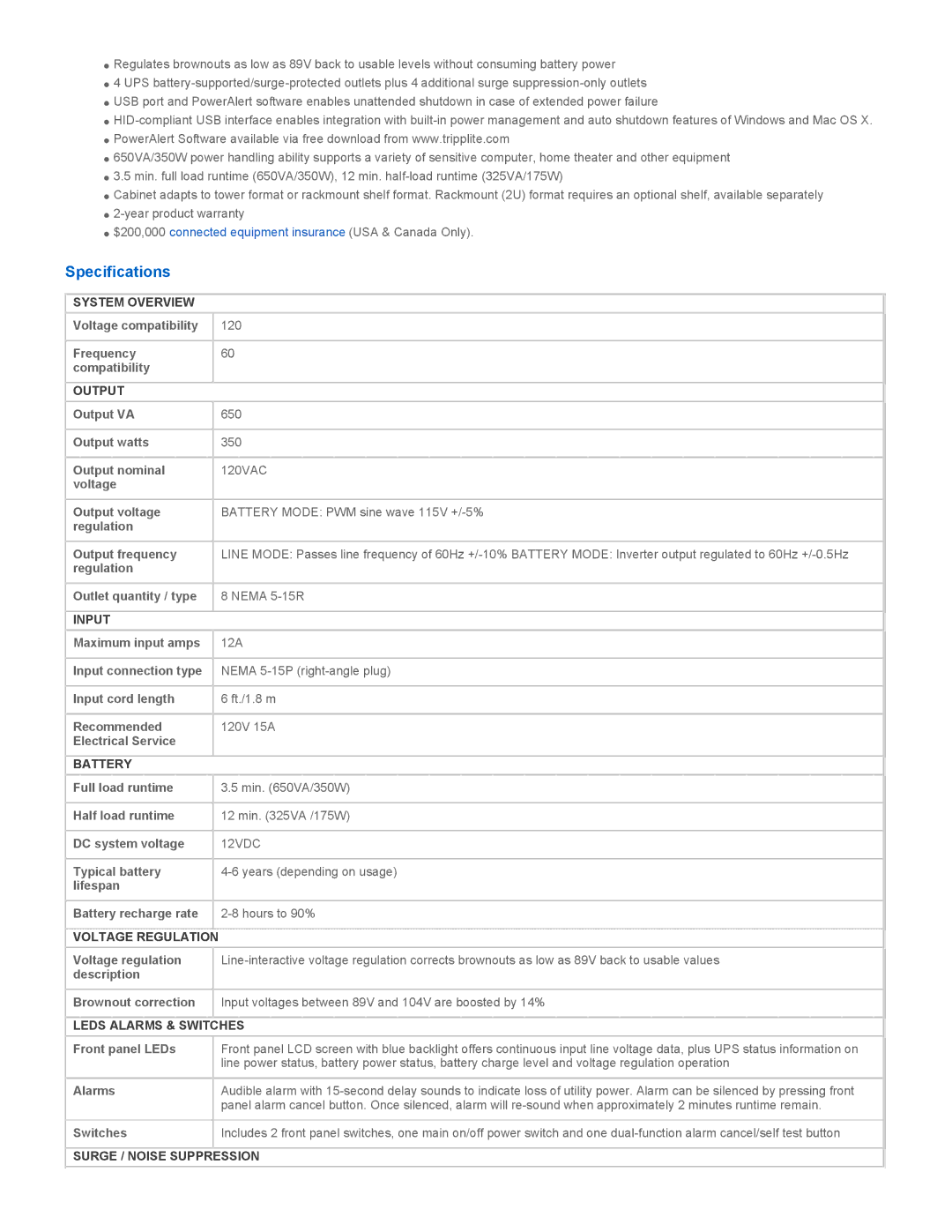 Tripp Lite OMNI650LCD warranty Specifications 