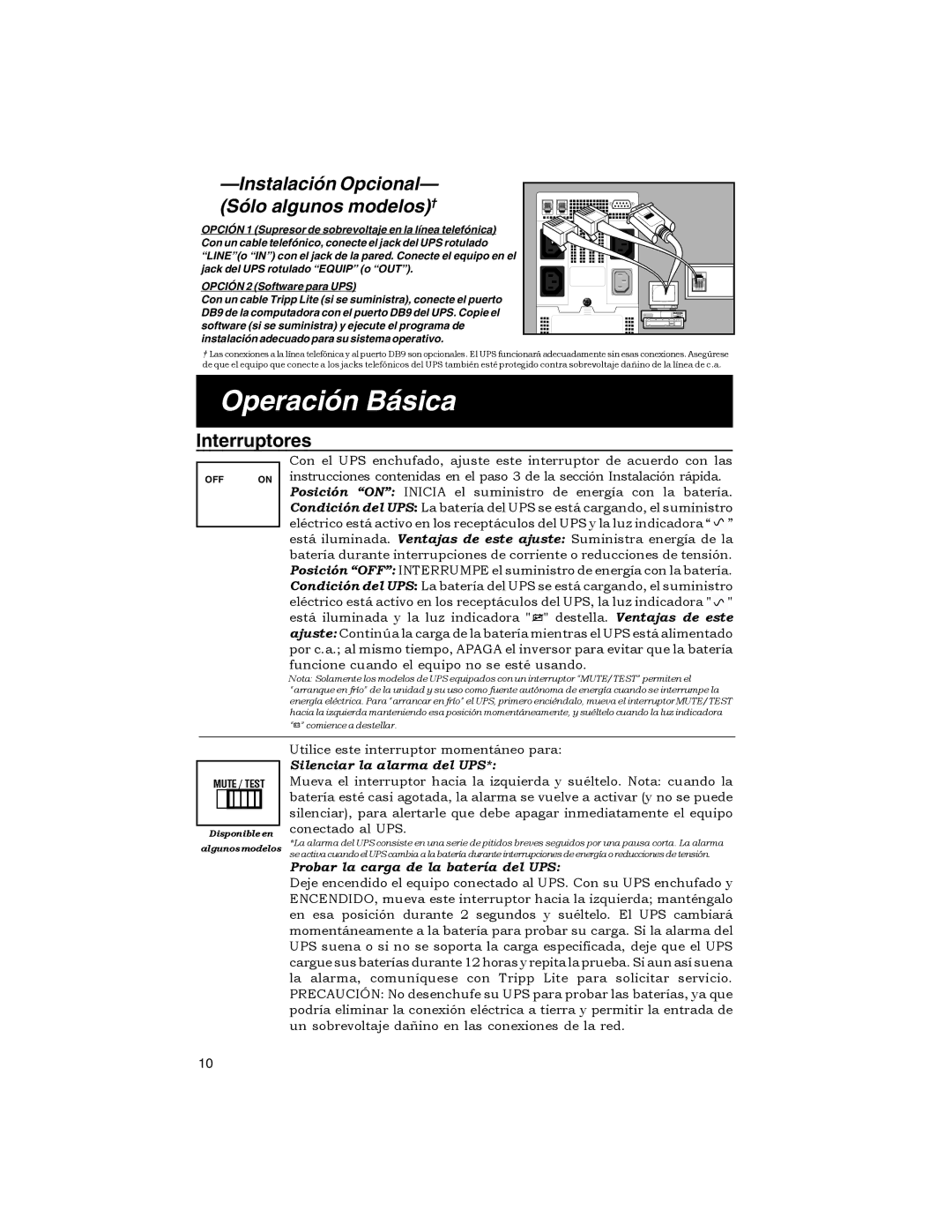 Tripp Lite OMNIPRO owner manual Operación Básica, Instalación Opcional- Sólo algunos modelos†, Interruptores 