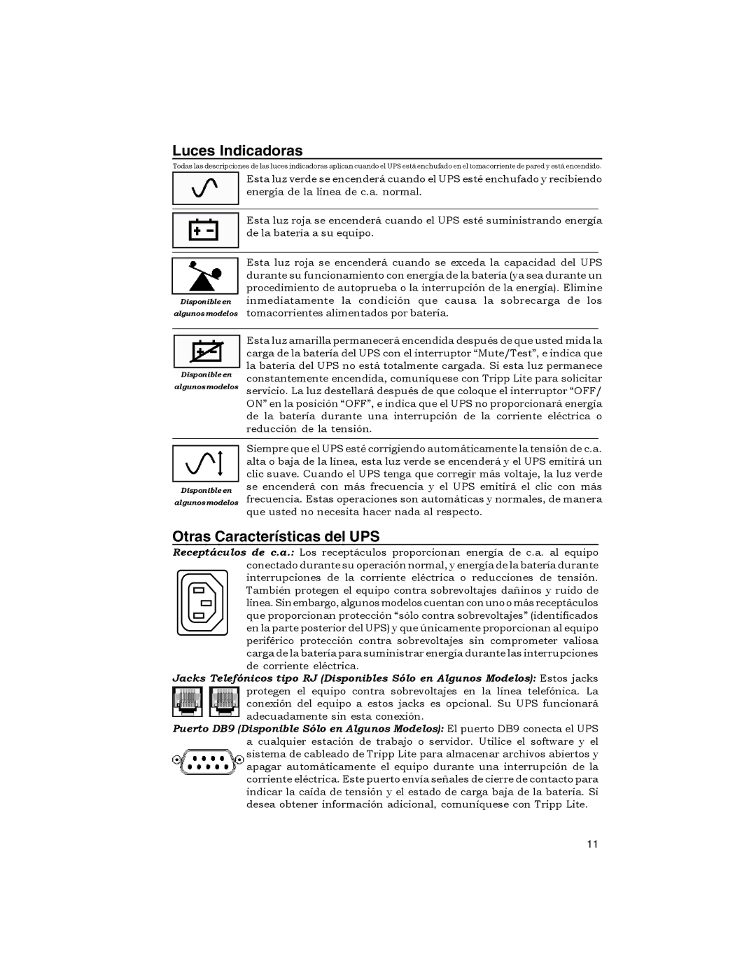 Tripp Lite OMNIPRO owner manual Luces Indicadoras, Otras Características del UPS 